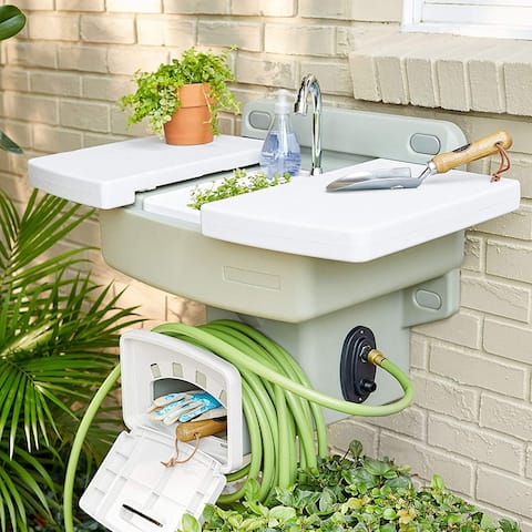 Modern Home Wall Mounted Outdoor Garden Sink w/Hose Holder - No Plumbing Required Mountable Outdoor Faucet (Beige) - Standard
