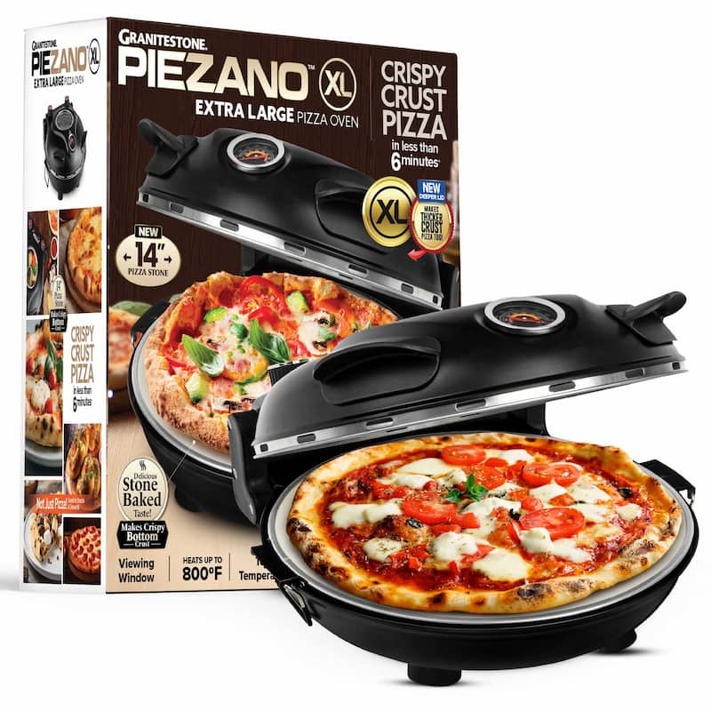 Granitestone Piezano XL 14" Black Electric Pizza Oven Indoor Outdoor - 5 Pc Set with Pizza Stone & Peels - 8-Slice