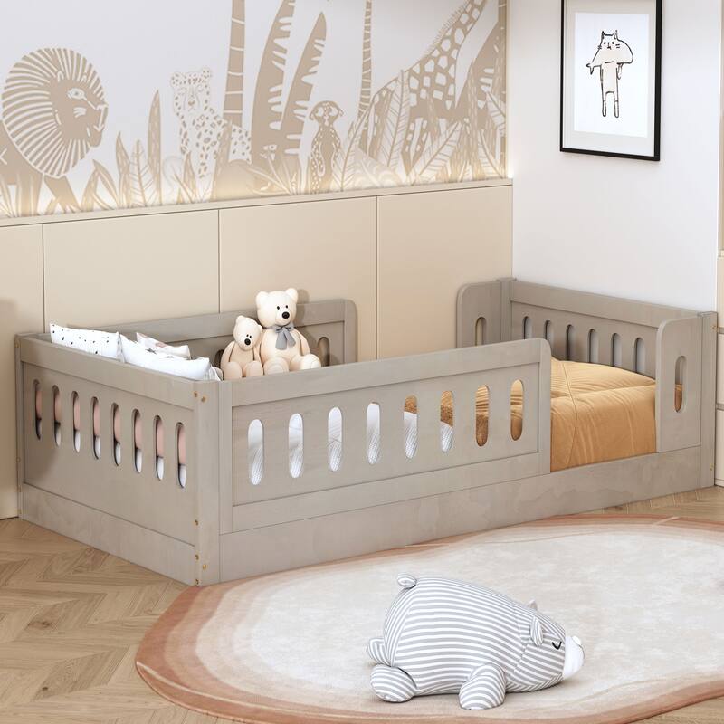 Kids Wood Floor Bed with Semi-Enclosed Guardrail and No-Slat Design