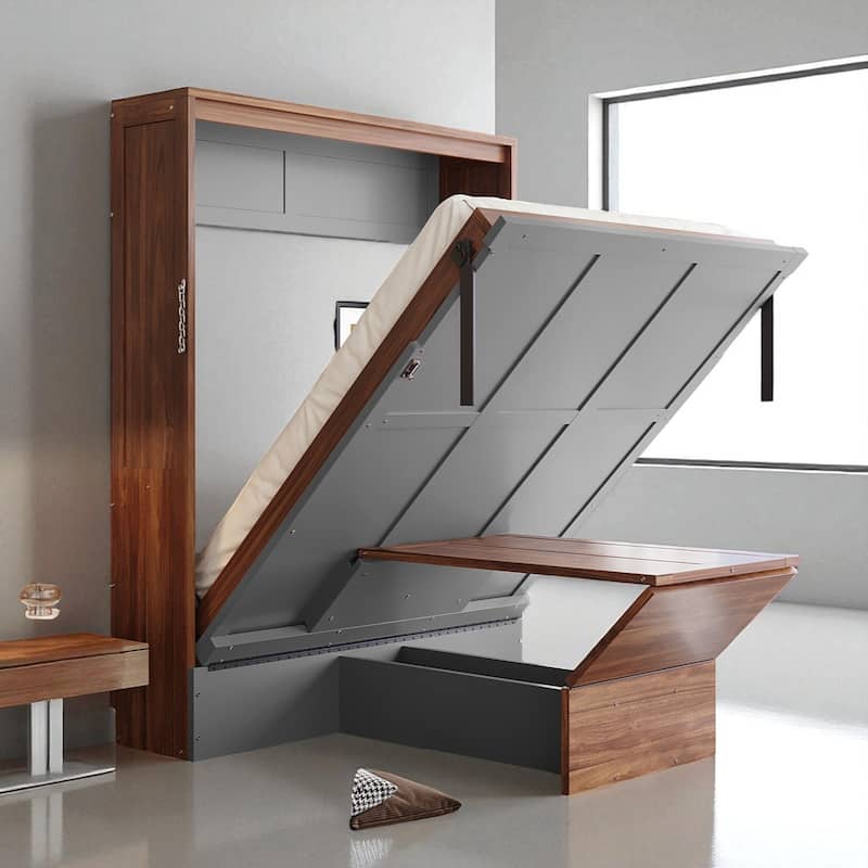 Full Size Murphy Bed with Foldable Desk, Wall Bed with Workstation, Space-Saving Cabinet Bed for Small Rooms