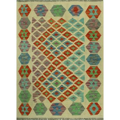 Hand-Woven Sangat Kilim Alonso Ivory/Rust Rug - 2'11" x 3'11"