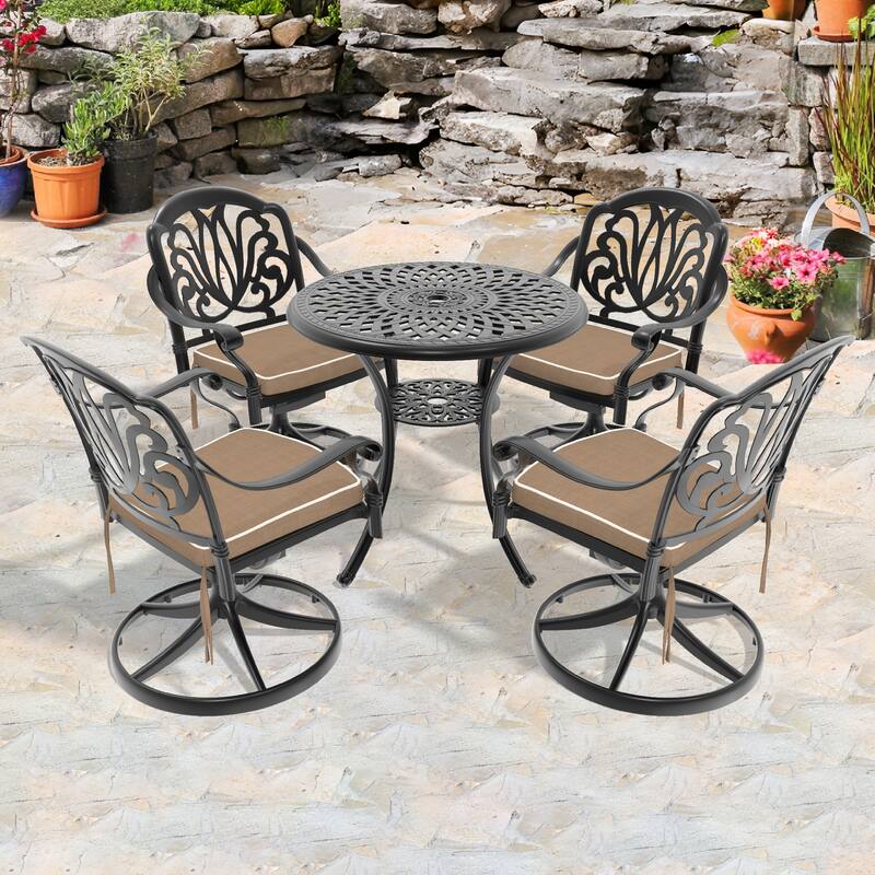 5-Pcs Outdoor Patio Dining Set, All-Weather Cast Aluminum Conversation Set with 4 Swivel Chairs and Table with Umbrella Hole - Black