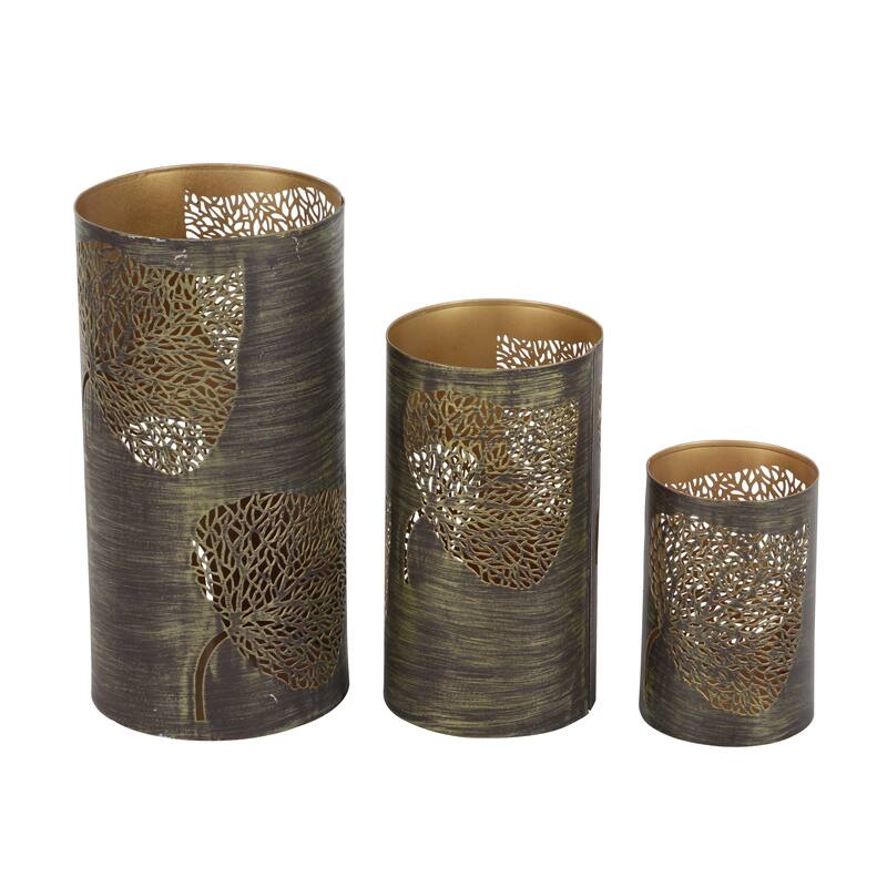 Metal Leaf Decorative Indoor Outdoor Candle Lantern with Gold Interior - Set of 3 Gold or Copper - Roche River Decor