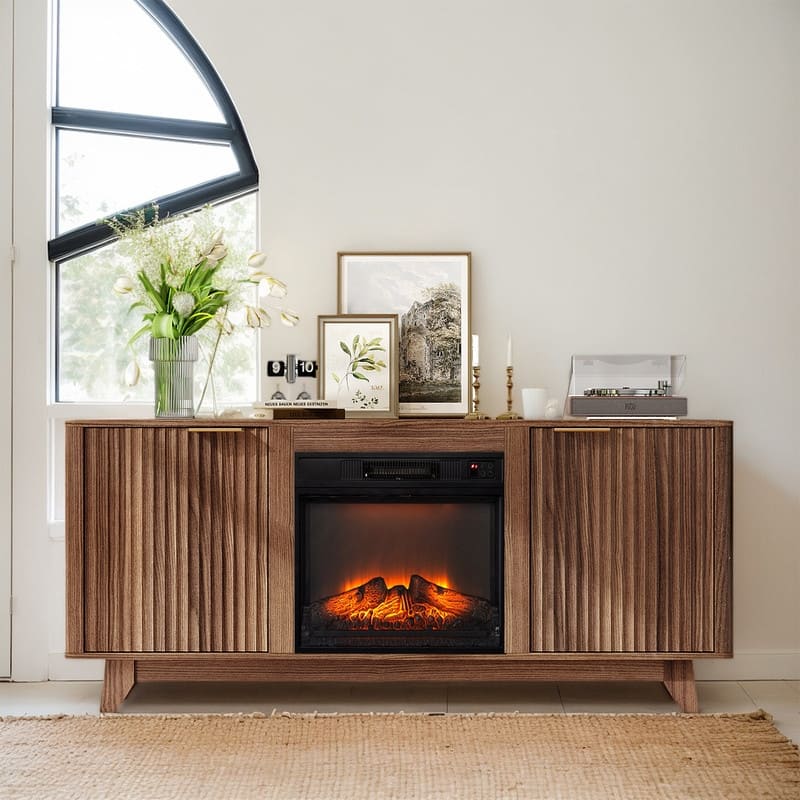 Farmhouse 58'' TV Stand For Tvs Up To 70'' With Electric Fireplace and 2-Door