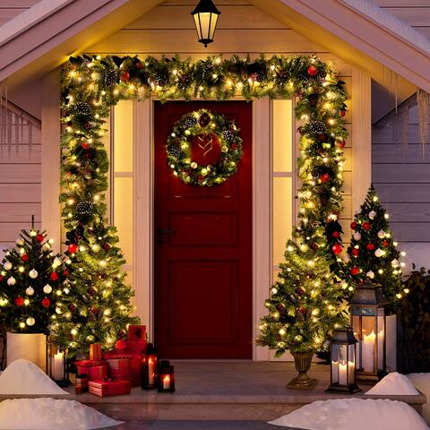 Pre-lit Artificial Christmas 4-Piece Set,Garland, Wreath and Set of 2 Entrance Trees - 48*26