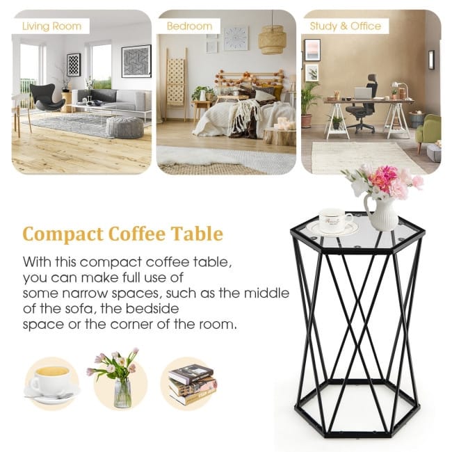 End Table Tempered Glass Top Metal Frame Hexagonal Accent Side Table Living Room - 16" x 13.5" x 24" (Lx Wx H)