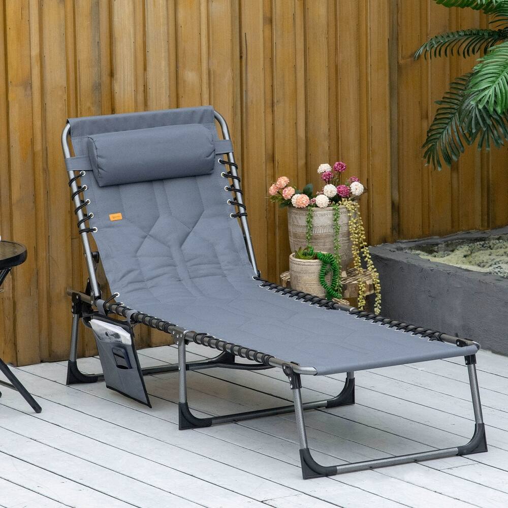 Outsunny Folding Chaise Lounge Chair, Outdoor Padded Reclining Chair with 5-position Adjustable Backrest, Pillow and Pocket