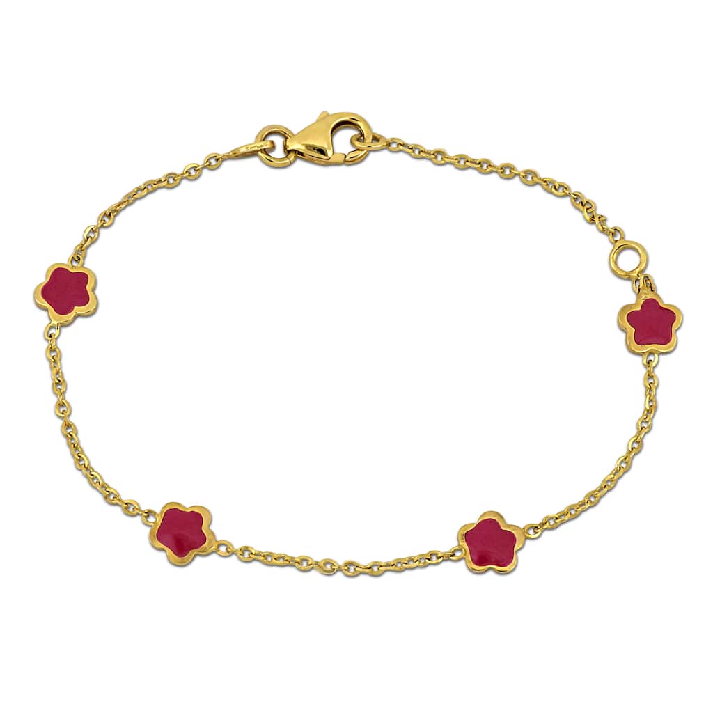 Miadora Red Enamel Flower Station Bracelet 14K Yellow Gold