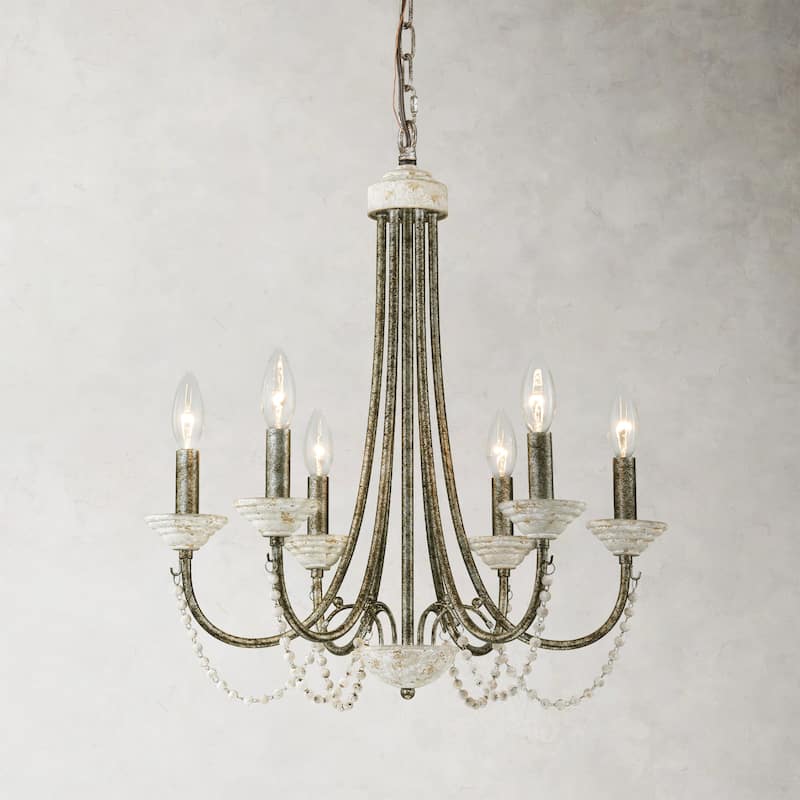 6-Light 20" Rustic French White Antiqued Wood Beaded Chandelier Light for Dining Room, Living Room - 20.1 in. W x 23.6 in. H x 20.1 in. D - Silver/White