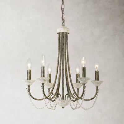 6-Light 20" Rustic French White Antiqued Wood Beaded Chandelier Light for Dining Room, Living Room