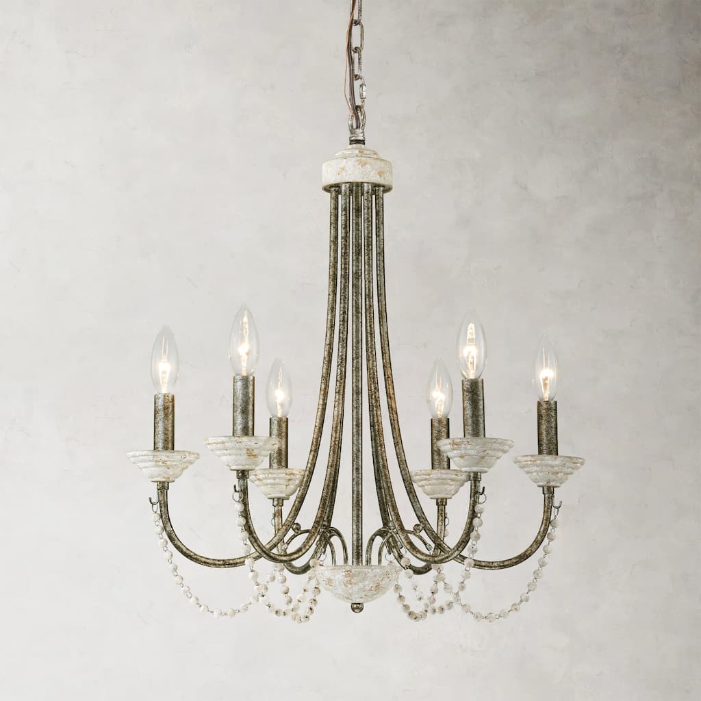 6-Light 20" Rustic French White Antiqued Wood Beaded Chandelier Light for Dining Room, Living Room