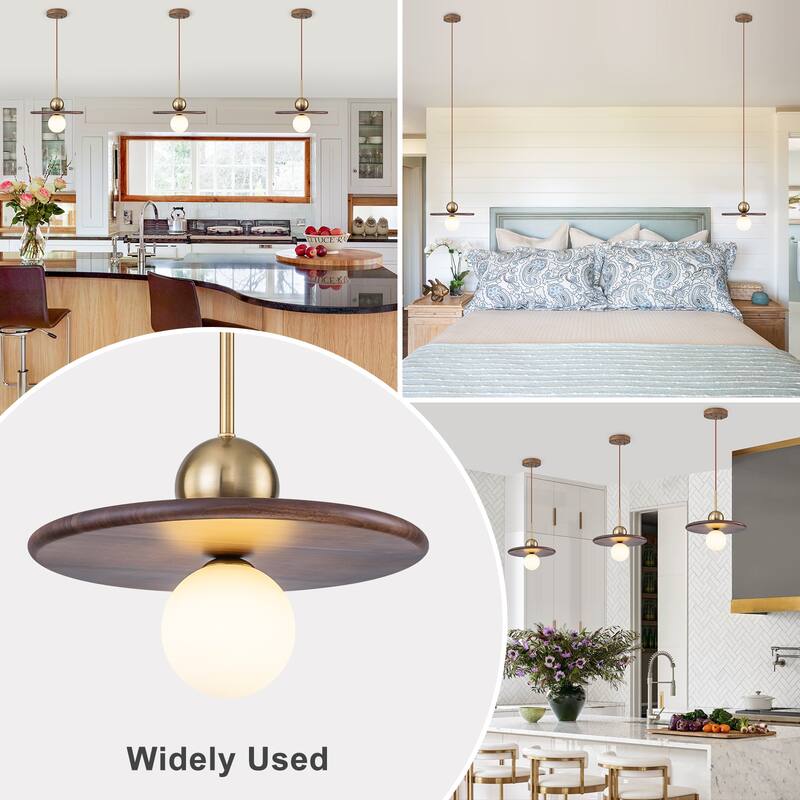 Modern Walnut Flying Saucer Pendant Light for Kitchen Island Lighting - Dia.12-in