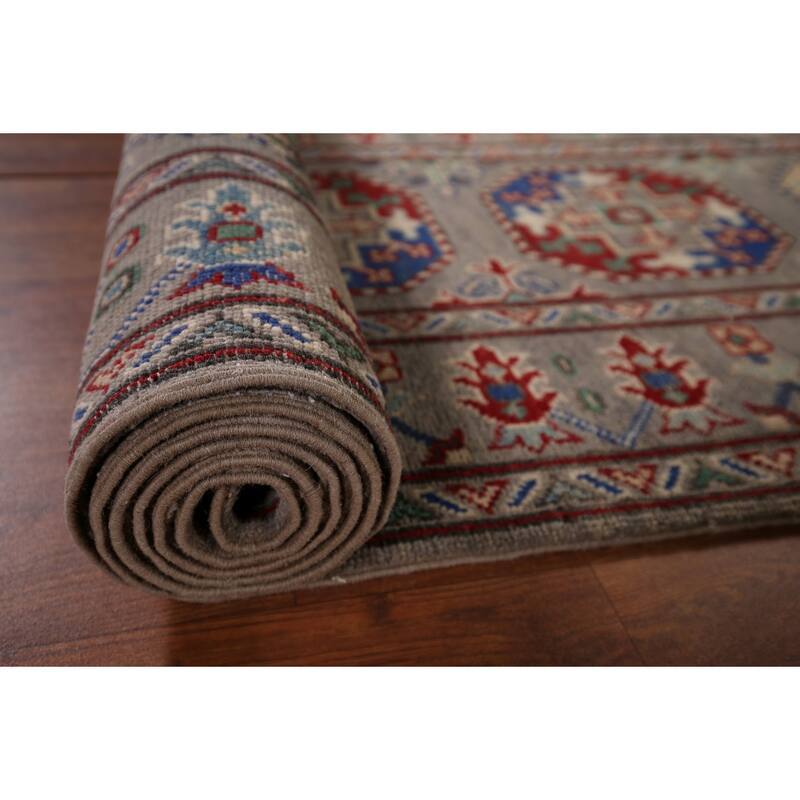 Geometric Kazak Runner Rug Handmade Hallway Wool Carpet - 2'7" x 12'10"