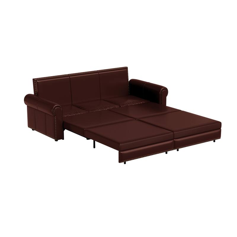 Chesterfield Sofa, 93.7" Faux Leather Convertible Sleeper Sofa Bed, Vintage 3-in-1 Pull Out Couch w/ Nailhead Trim & Rolled Arms
