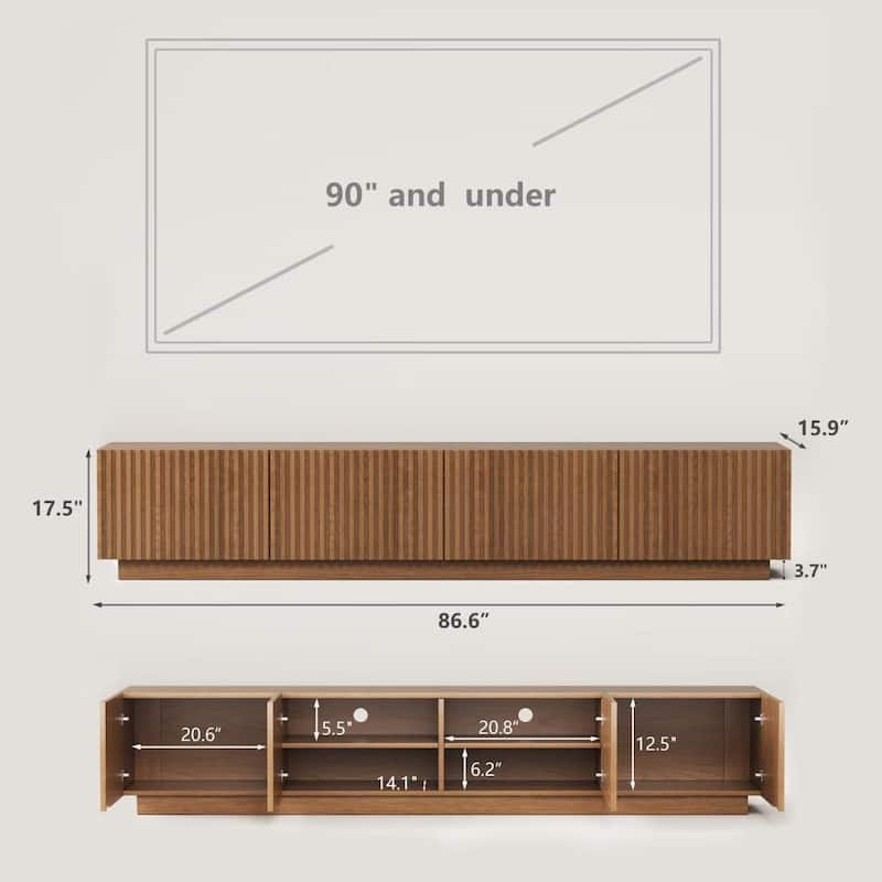 86.6" Modern Walnut TV Stand with Grille Doors & Storage for 90" TVs - 86.6"Wx15.9"Dx17.5"H