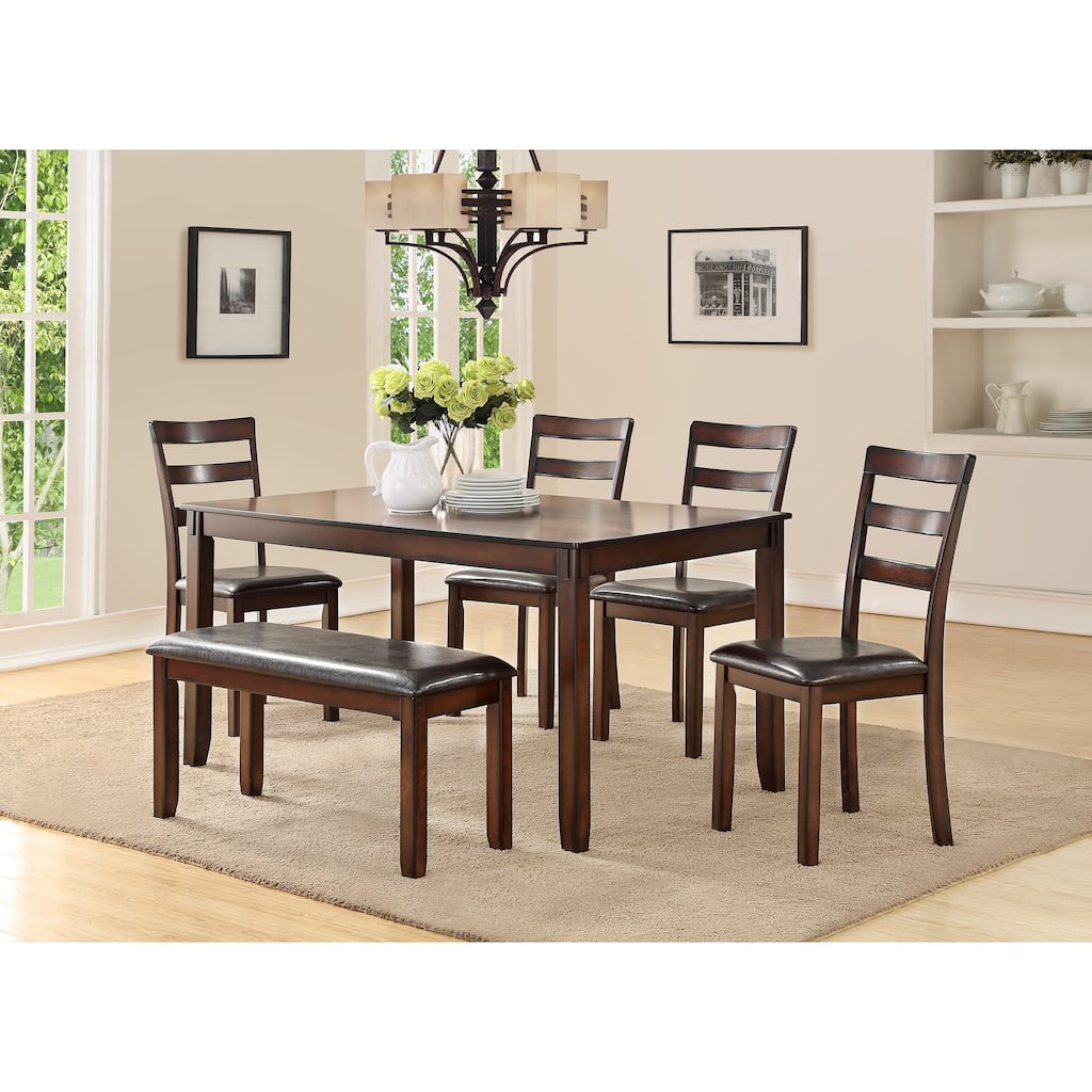 Classic Style 6pcs-Dining Set Rectangle Table 4 Side Chairs And Bench Dining Room Furniture MDF Rubber wood