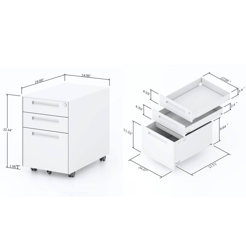 3 Drawer Metal Mobile Vertical Locking File with Lock, Under