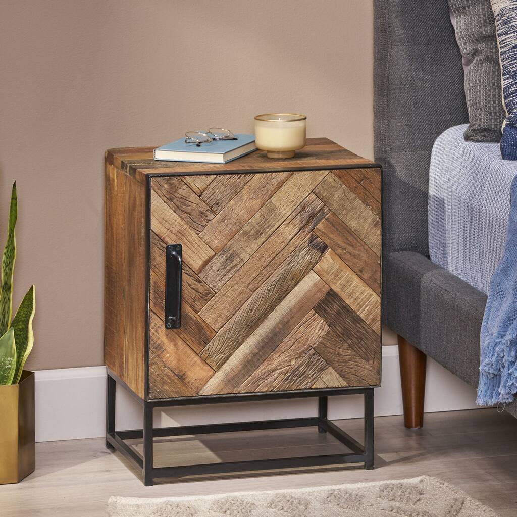 Handcrafted Boho Nightstand with Recycled Wood and Iron Frame, Ample Storage Space