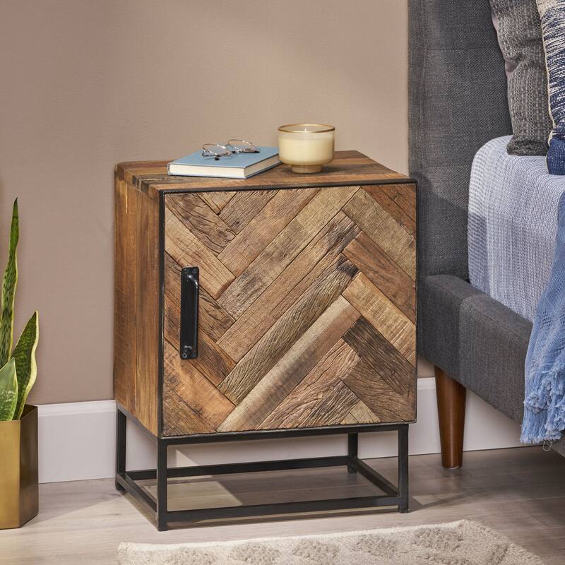 Handcrafted Boho Nightstand with Recycled Wood and Iron Frame, Ample Storage Space - Natural