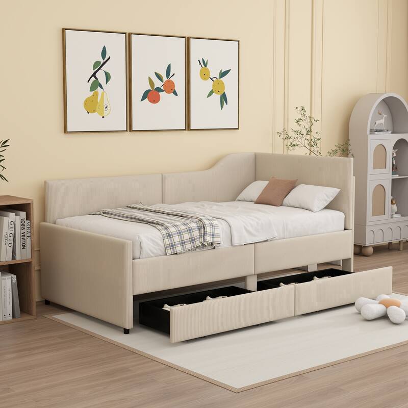Upholstered bed frame with 2 storage drawers