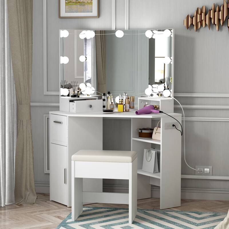 Corner Vanity Mirror with Lights and Table Set & Power Outlet