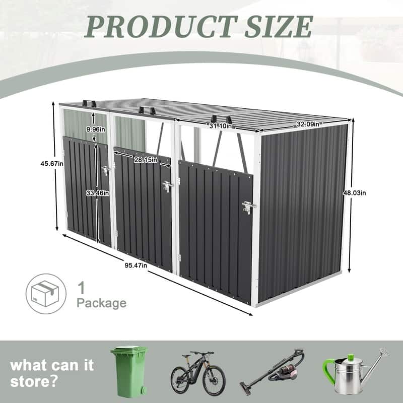 120 Cu. Ft. Outdoor 3-Trash-Can Storage Shed, Pneumatic Support Rod Storage - N/A