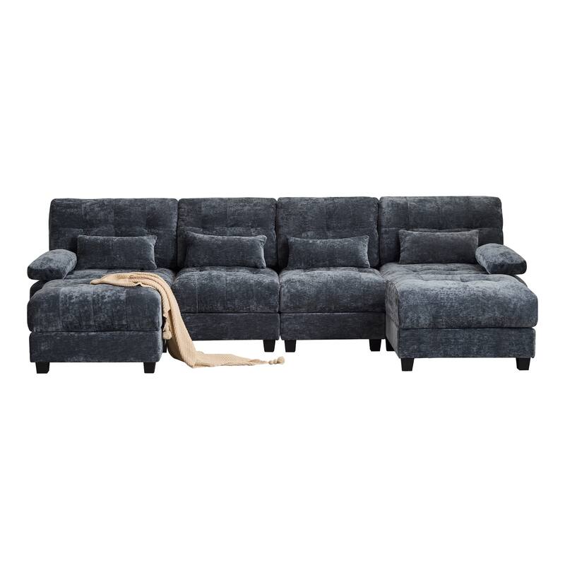 GDFStudio - 4-Seater Adjustable Backrest 119" Chenille Sofa with 2 Ottomans and 4 Throw Pillows