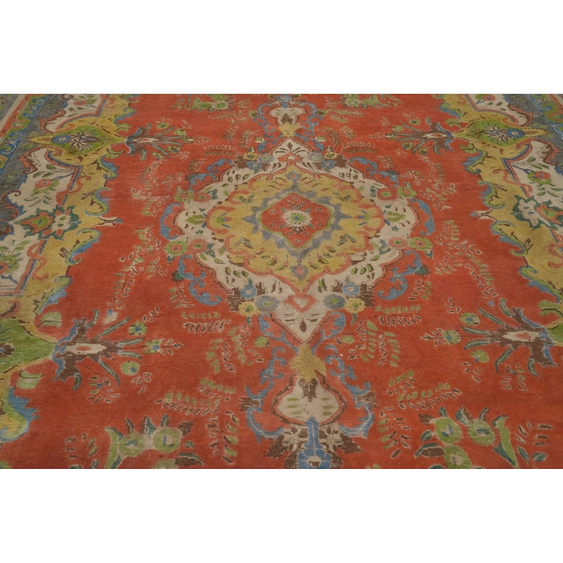 Hand Knotted Oriental 100% Wool Carpet Traditional Floral Oranges & Rust Tabriz Area Rug - 13' 2'' X 9' 9''