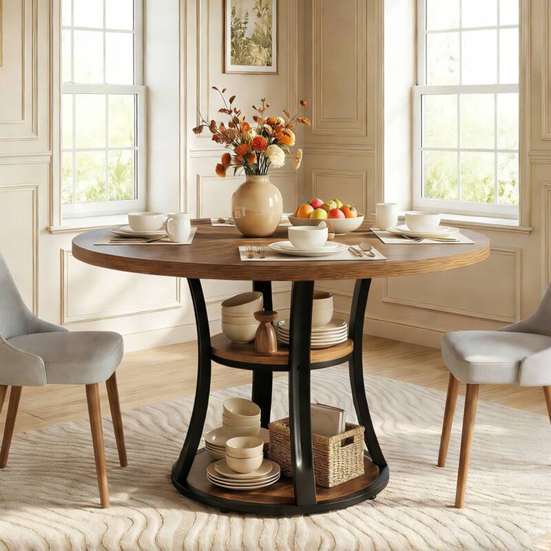 39 Inch Small Round Dining Table for 2-4 People, 3-Tier Round Pedestal Dining Table with Srorage for Kitchen / Dining Room - Brown+Black