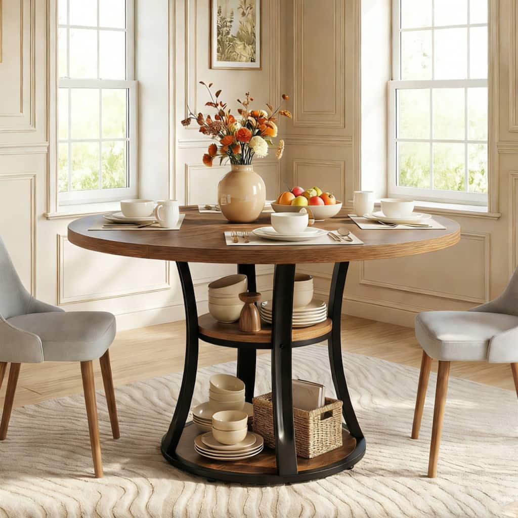 39 Inch Small Round Dining Table for 2-4 People, 3-Tier Round Pedestal Dining Table with Srorage for Kitchen / Dining Room