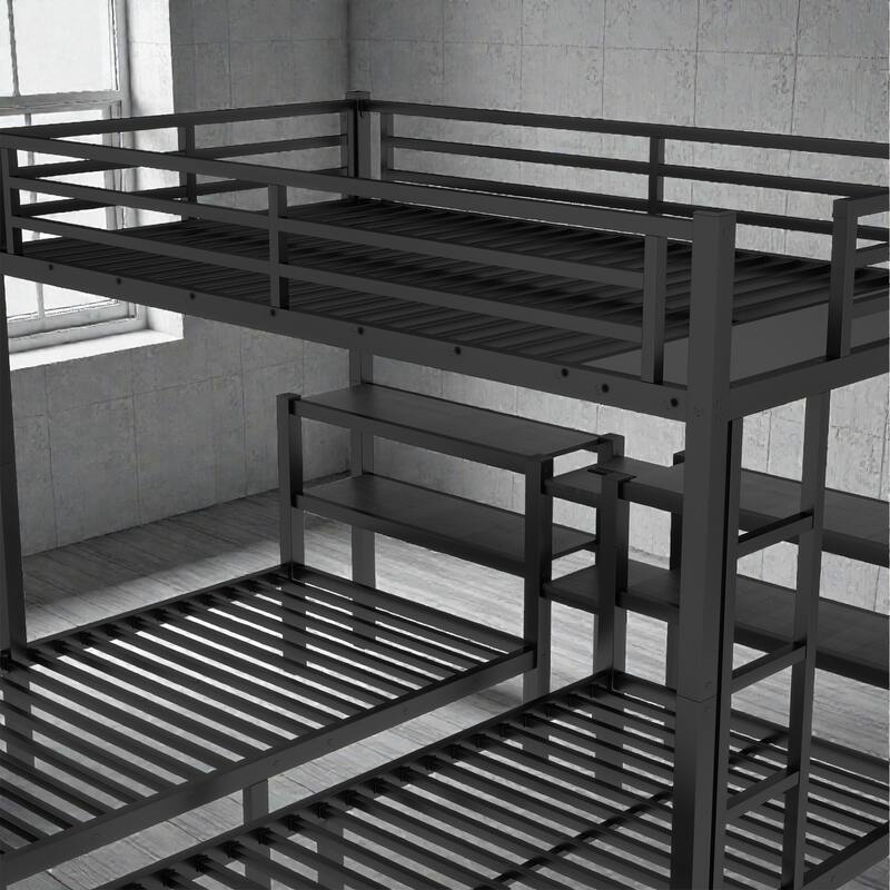 Full XL Over Twin Twin Triple Bunk Bed with Drawers, Metal Frame with Shelving Headboard and USB Ports