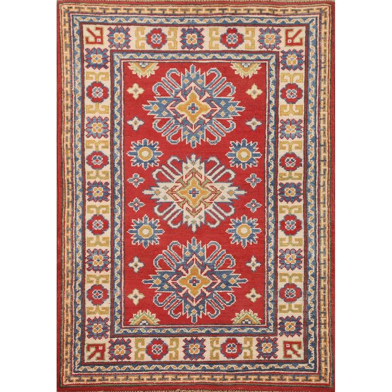 Geometric Kazak Accent Rug Hand-Knotted Traditional Wool Carpet - 2'8" x 3'11"