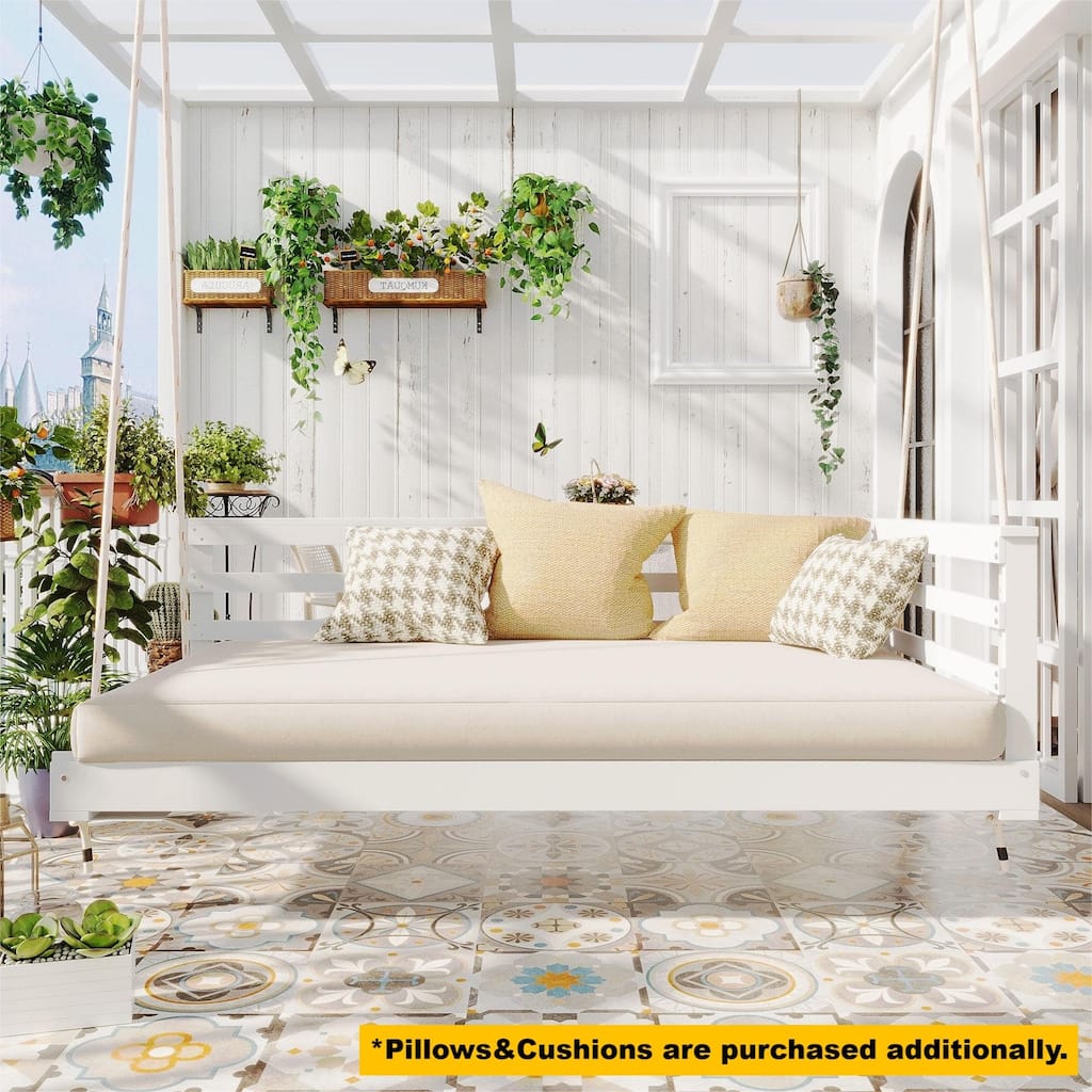 Country Patio Wooden Twin Size Swing Daybed Porch Swing Frame with 4pcs 96-inch Hemp Ropes for Backyard, Garden, White