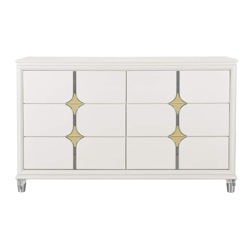 HomeRoots 63" White Wood With Gold Faux Crystal Bling Wood Six Drawer Double Dresser