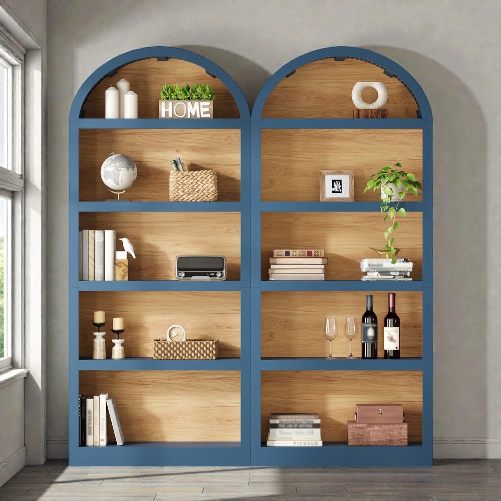 Farmhouse Tall Bookshelves Set of 2, Two Tone Arched Open Bookcase with Fabric Top, 5 Tier Storage Cabinet