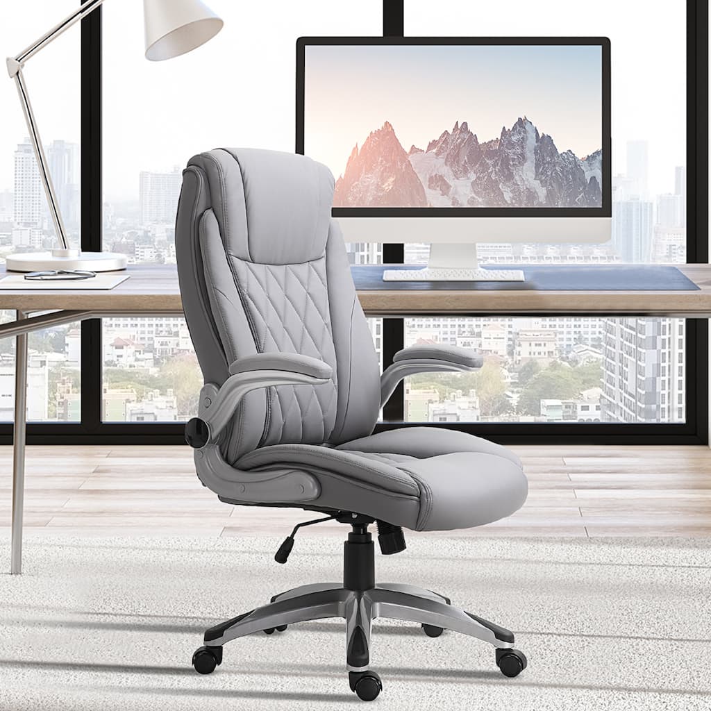 Grey Faux Leather Ergonomic Office Chair Adjustable Height Swivel Rocking Computer Desk Chair with Padded Armrests