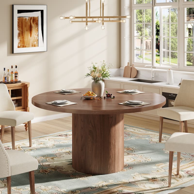 Mid-Century Modern 30"H Round Wood Dining Table for 6, Kitchen Table w/Pedestal - 47”