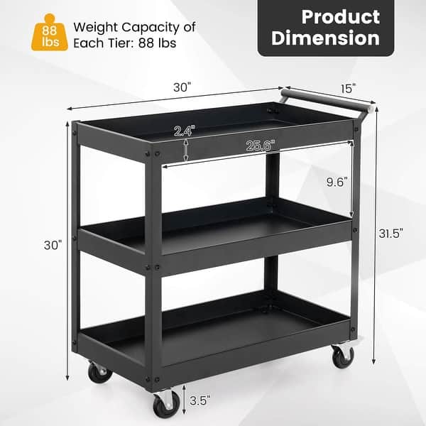 dimension image slide 1 of 2, Costway 3-Tier Utility Cart Metal Mental Storage Service Trolley - See details