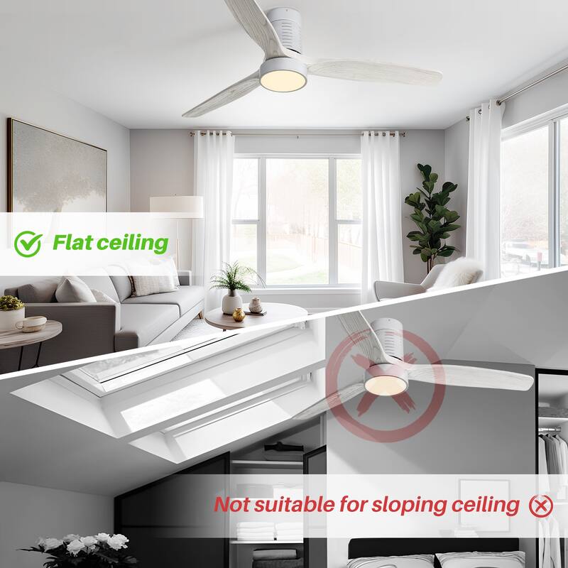 52" Flush Mount Wood Ceiling Fan with Dimmable LED Light and Remote Control
