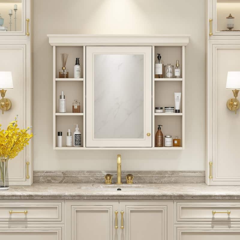 35" x 28" Wall Mounted Bathroom Cabinet with Mirror Door, 6 Open Shelves