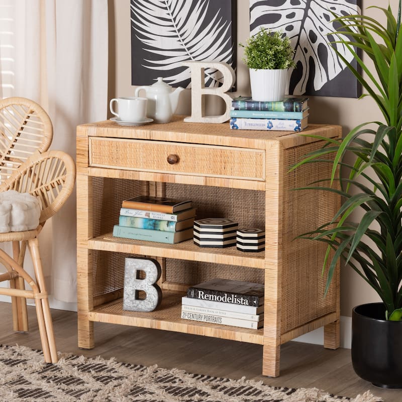 Bella Modern Bohemian Natural Brown Mahogany Wood and Natural Rattan 1-Drawer Console Table