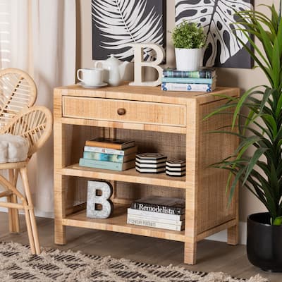 Bella Modern Bohemian Natural Brown Mahogany Wood and Natural Rattan 1-Drawer Console Table