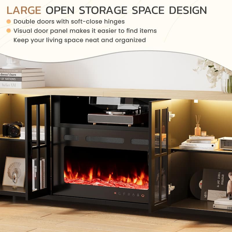 EROMMY 78"/ 97" Fireplace TV Stand with Electric Fireplace, Farmhouse Media Console with LED Lights, Glass Doors