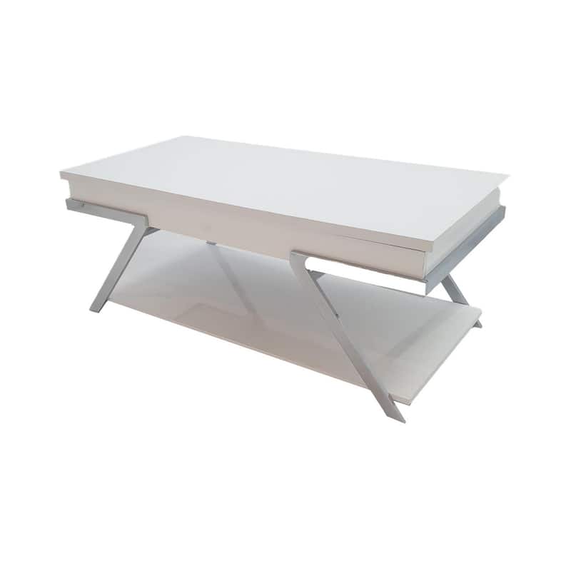Casey 47 Inch Lift Top Coffee Table, Chrome Metal Frame, Glossy White Top