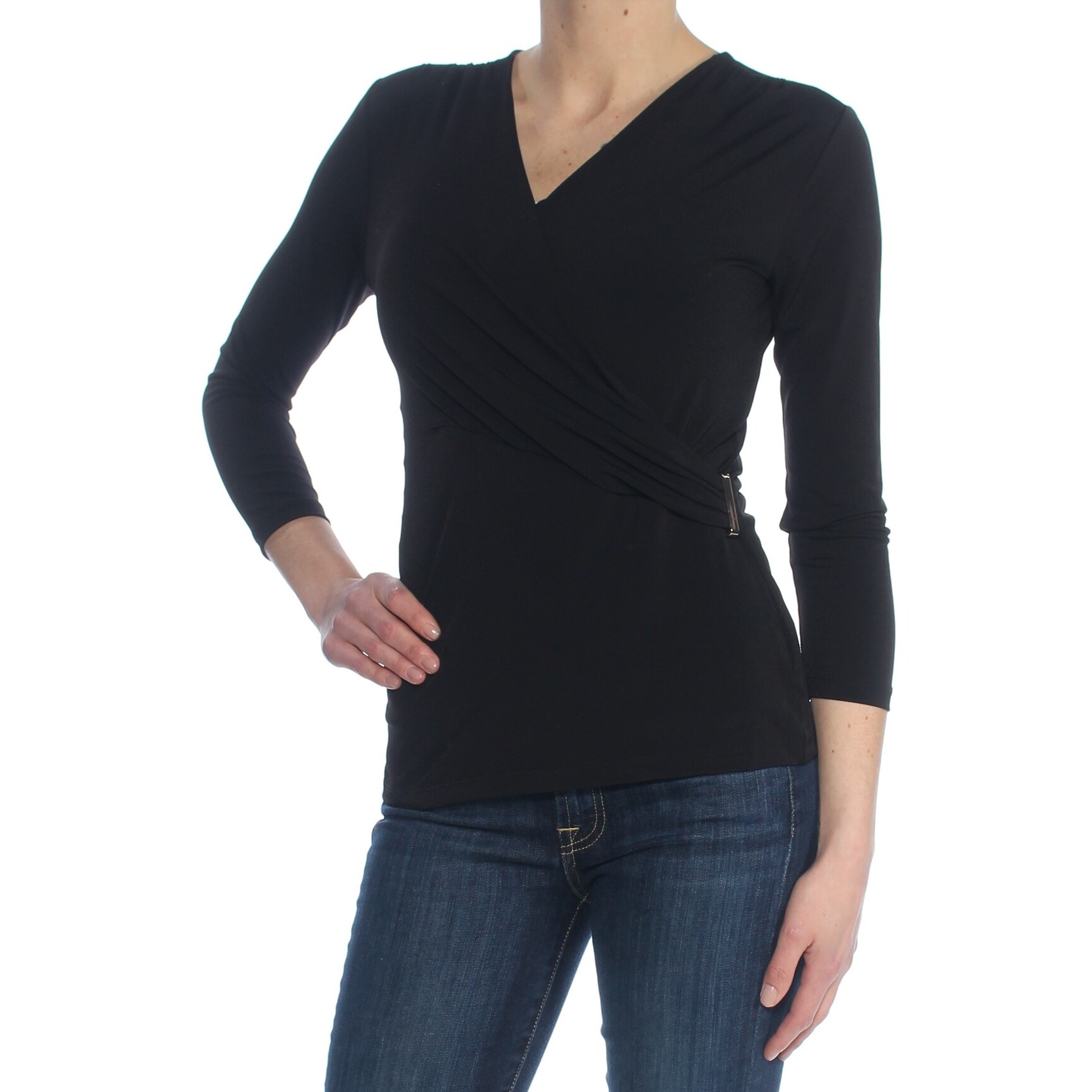 Shop Charter Club Womens Black Long Sleeve V Neck Faux Wrap Top