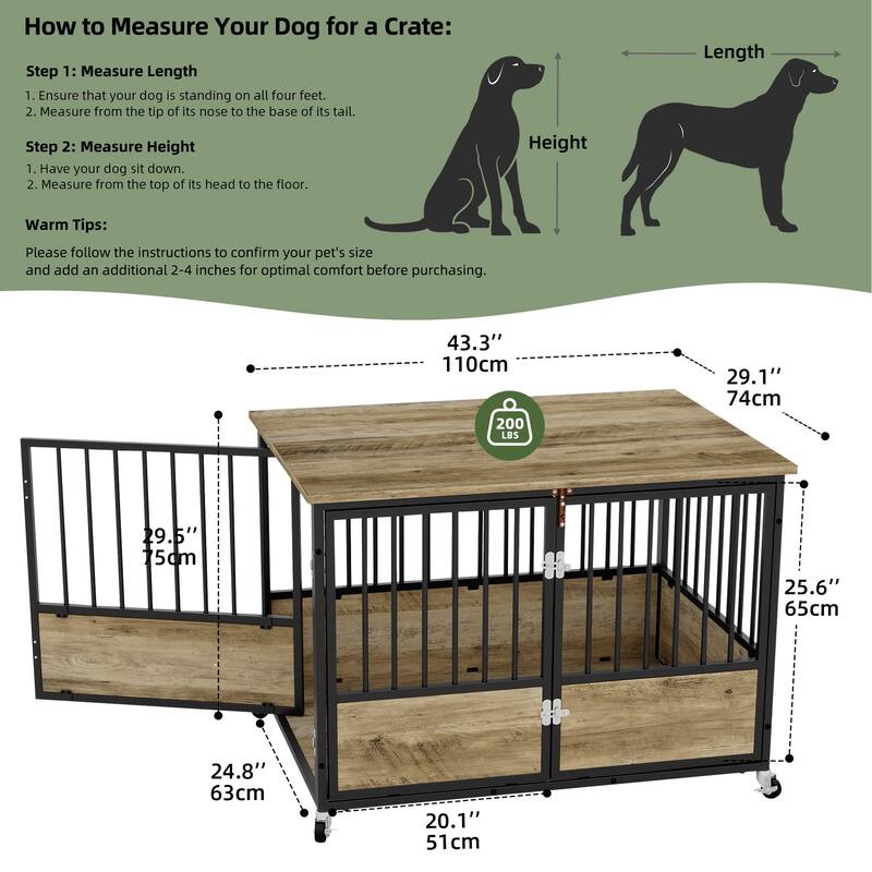38"/43" Dog Crate Furniture Cage Table with Wheels And Double Doors