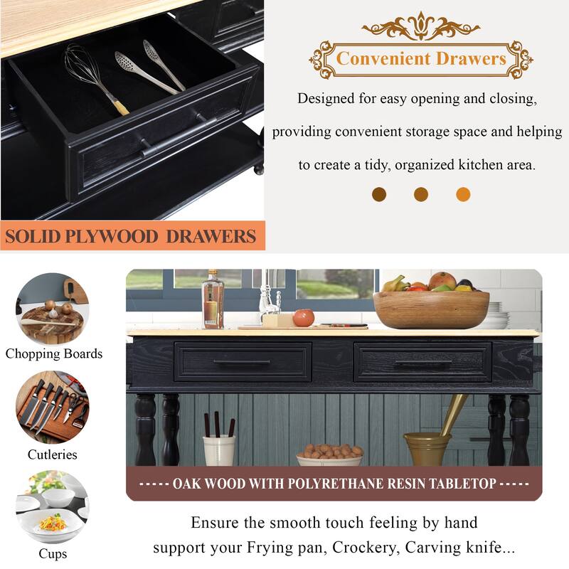 Open 2-sided Kitchen Island on Wheels with OAK Wood Top, Portable Rolling Kitchen Cart with Towel Rack and Spice Rack, Black