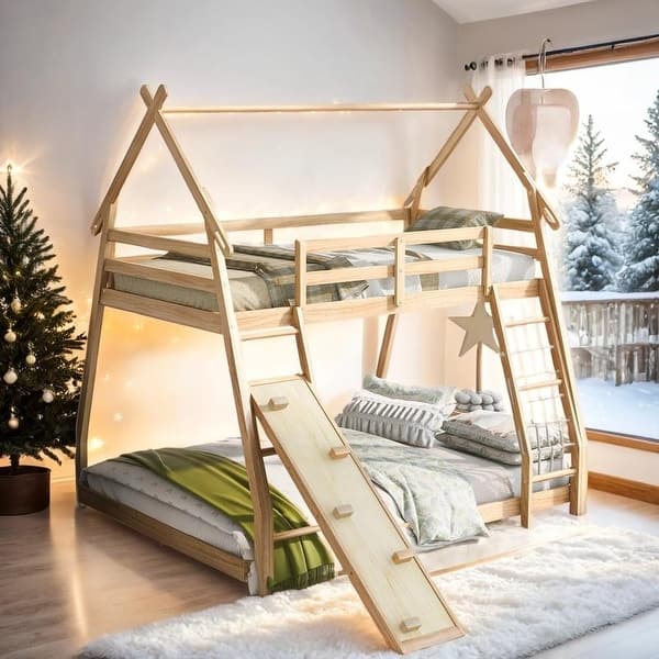 slide 2 of 24, Twin over Queen House Bunk Bed with Climbing Nets and Climbing Ramp Natural