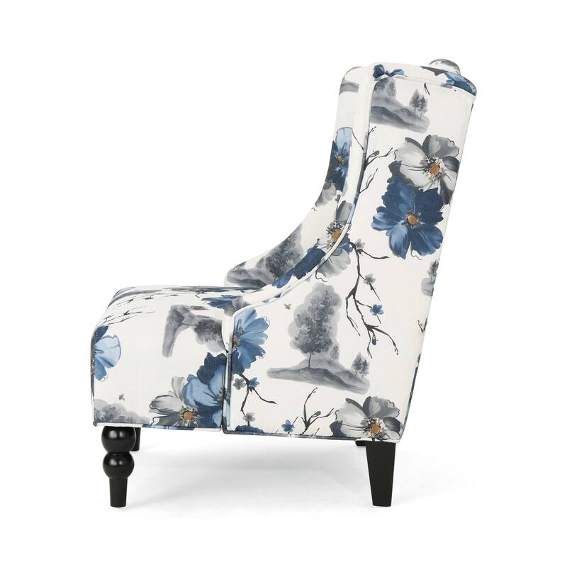 Roomfitters Toddman Contemporary Wingback High-Back Club Chair with Turned Birch Wood Legs, Beige and Blue