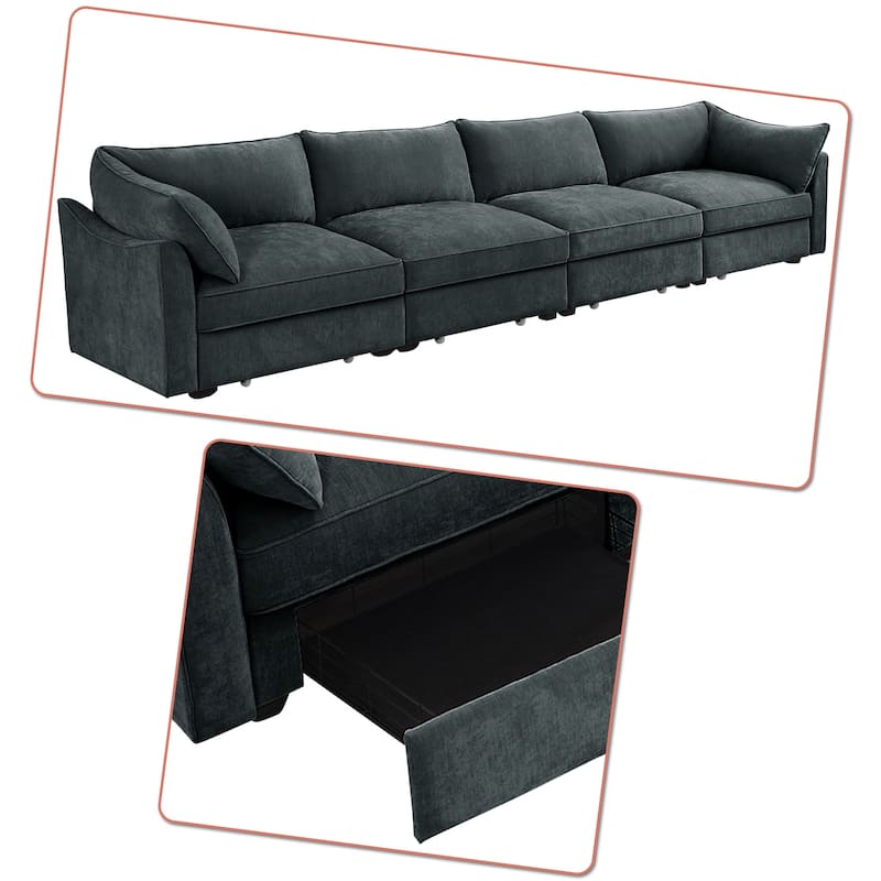 Chenille Fabric Upholstered Sofa with Under-Seat Drawers